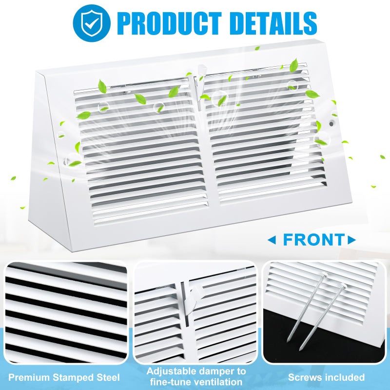 Yaocom 2 Pcs Baseboard Vent Covers with Damper Duct Opening: 12 x 6 Inches Duct Opening Size Steel Triangular Baseboard Return Air Grille with Damper Air Register Vent Cover Grill Diffuser Outer - Image 3